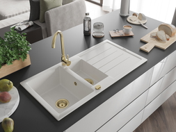 Mexen Andres granite kitchen sink 1.5-bowl with drainer and Telma kitchen faucet, white - 6515-20-670200-50