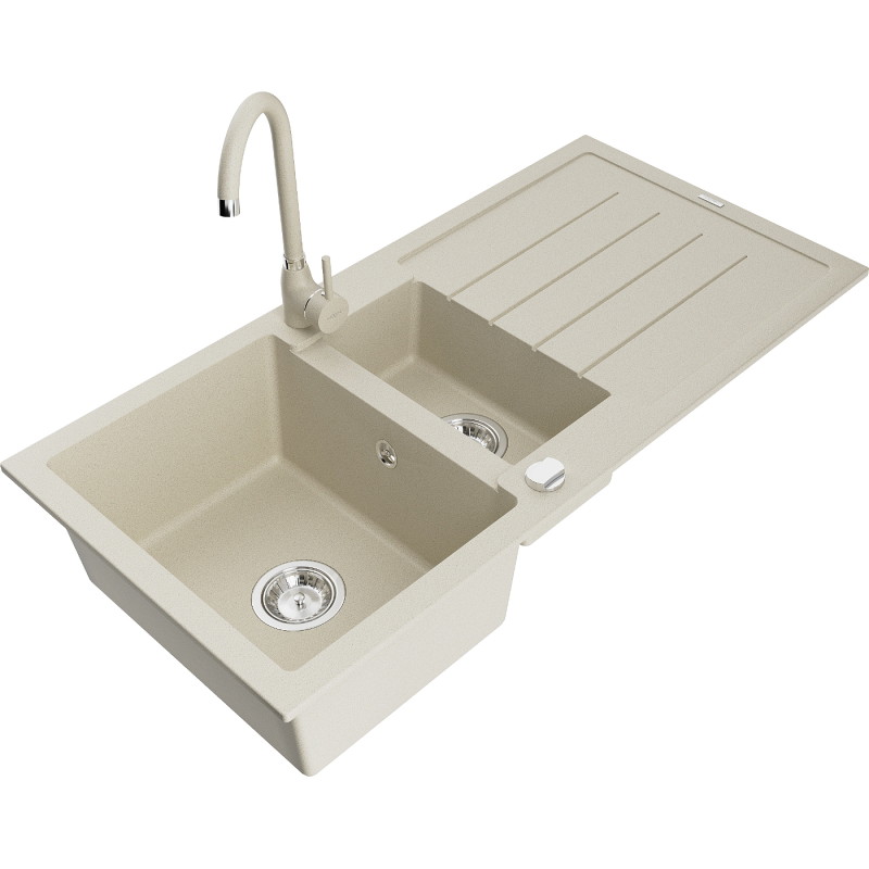 Mexen Andres granite sink 1.5-bowl with drainer and Telma kitchen faucet, beige - 6515-69-670200-69