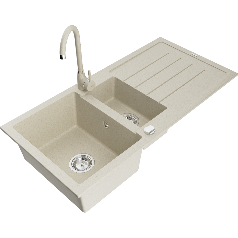 Mexen Andres granite sink 1.5-bowl with drainer and Telma kitchen tap, beige - 6515-69-670200-69