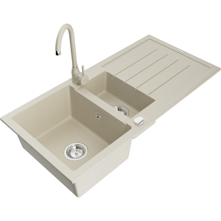Mexen Andres granite sink 1.5-bowl with drainer and Telma kitchen faucet, beige - 6515-69-670200-69