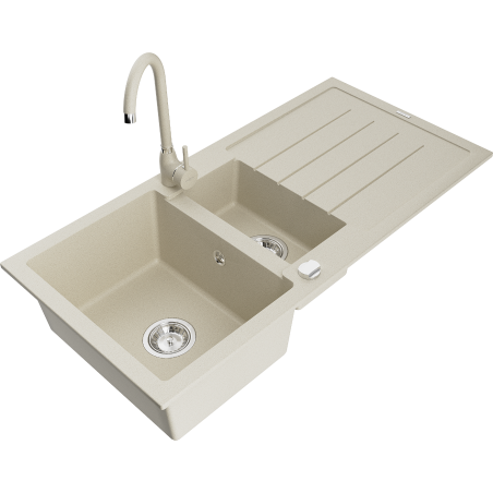 Mexen Andres granite sink 1.5-bowl with drainer and Telma kitchen tap, beige - 6515-69-670200-69