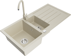 Mexen Andres granite sink 1.5-bowl with drainer and Telma kitchen faucet, beige - 6515-69-670200-69