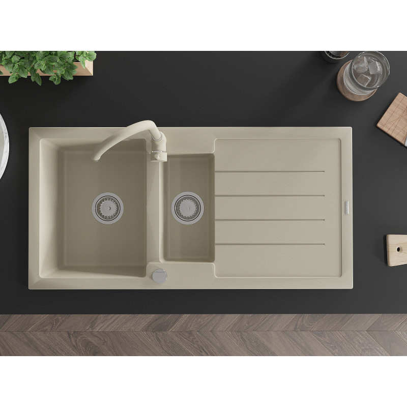Mexen Andres granite sink 1.5-bowl with drainer and kitchen faucet Telma, beige - 6515-69-670200-69