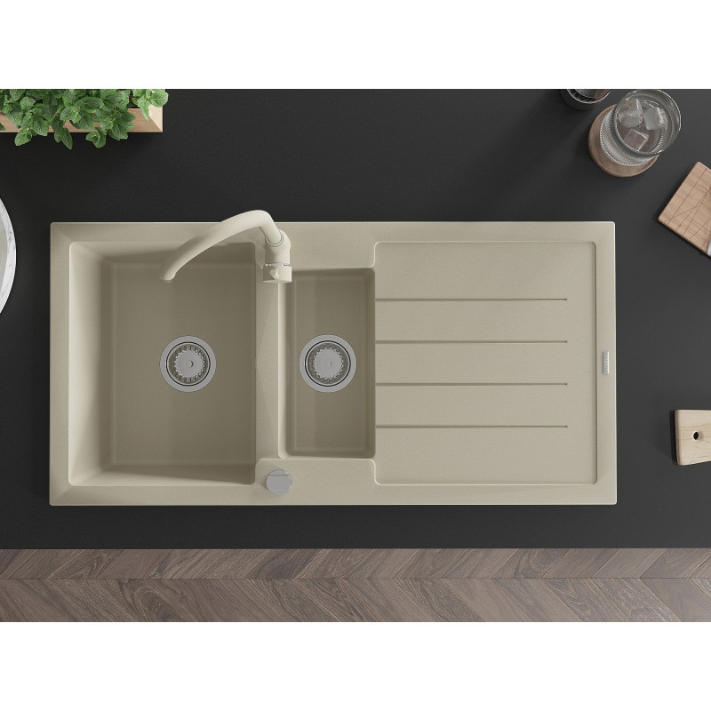 Mexen Andres granite sink 1.5-bowl with drainer and Telma kitchen faucet, beige - 6515-69-670200-69