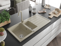 Mexen Andres granite sink 1.5-bowl with drainer and Telma kitchen faucet, beige - 6515-69-670200-69