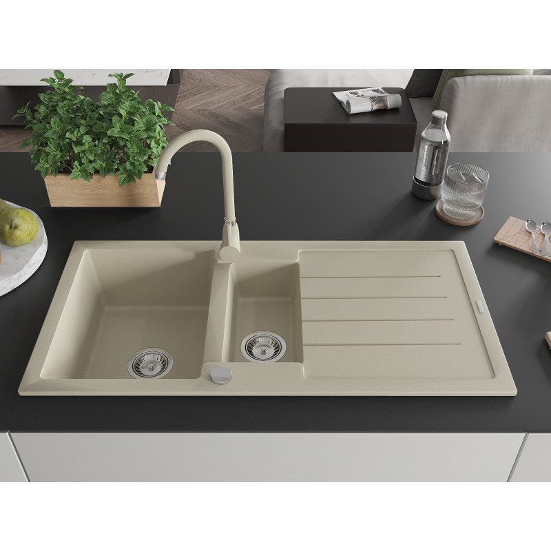 Mexen Andres granite sink 1.5-bowl with drainer and kitchen faucet Telma, beige - 6515-69-670200-69