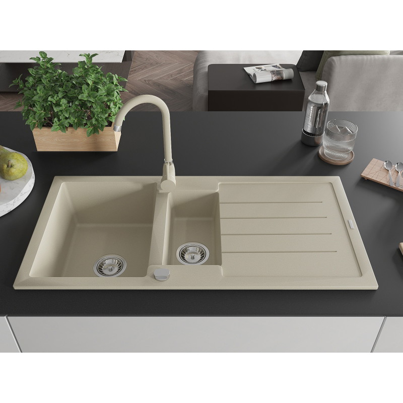 Mexen Andres granite sink 1.5-bowl with drainer and Telma kitchen faucet, beige - 6515-69-670200-69