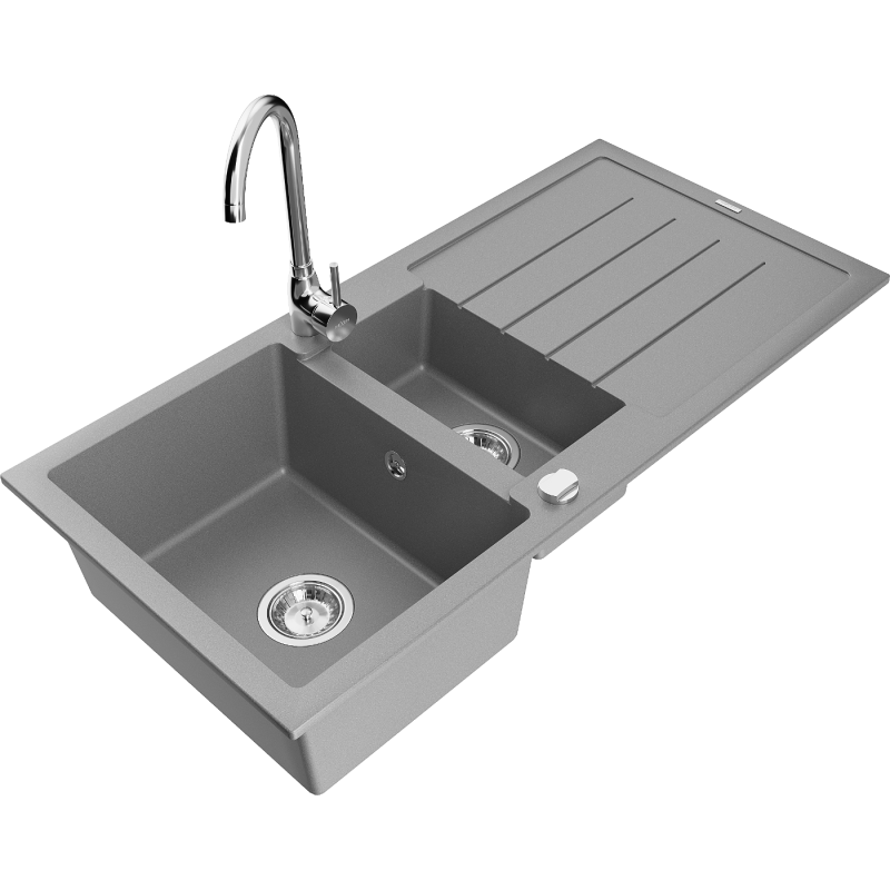 Mexen Andres 1.5-compartment granite sink with a drip tray and kitchen mixer tap Telma, Grey - 6515-71-670200-00