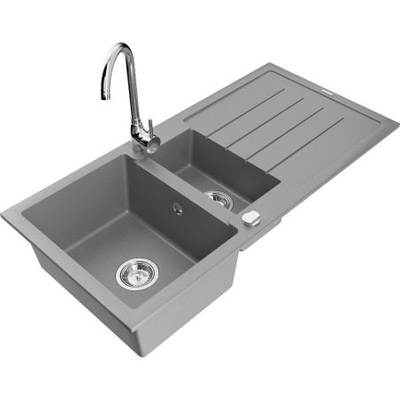 Mexen Andres granite sink 1.5-bowl with drainer and Telma kitchen tap, grey - 6515-71-670200-00