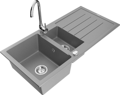 Mexen Andres 1.5-compartment granite sink with a drip tray and kitchen mixer tap Telma, Grey - 6515-71-670200-00