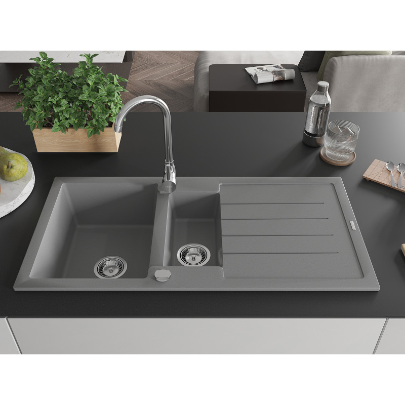 Mexen Andres 1.5-Bowl Granite Sink with Drainer and Telma Kitchen Faucet, Gray - 6515-71-670200-00