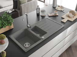Mexen Andres 1.5-compartment granite sink with a drip tray and kitchen mixer tap Telma, Grey - 6515-71-670200-00