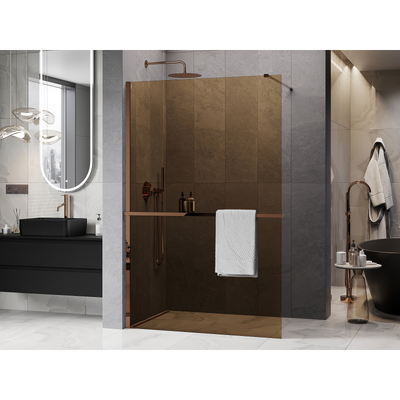 Mexen Kioto+ shower wall with shelf Walk-in 110 x 200 cm, bronze 8 mm, rose gold - 800-110-121-60-32