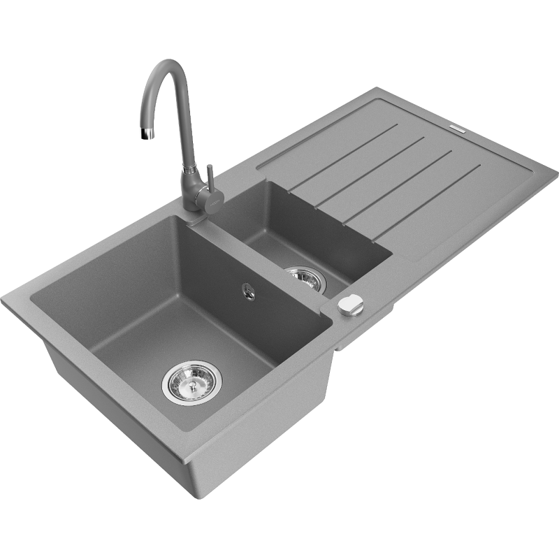 Mexen Andres granite sink 1.5-bowl with drainer and Telma kitchen tap, grey - 6515-71-670200-71
