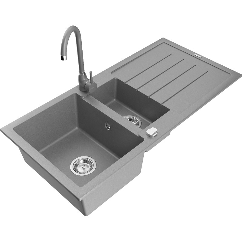 Mexen Andres granite sink with 1.5 bowls with drainer and Telma kitchen faucet, gray - 6515-71-670200-71