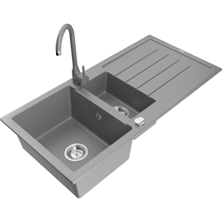 Mexen Andres granite sink 1.5-bowl with drainer and Telma kitchen tap, grey - 6515-71-670200-71