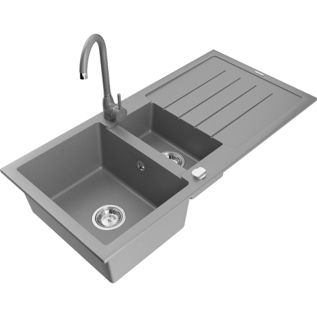 Mexen Andres granite sink with 1.5 bowls with drainer and Telma kitchen faucet, gray - 6515-71-670200-71
