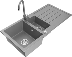 Mexen Andres granite sink with 1.5 bowls with drainer and Telma kitchen faucet, gray - 6515-71-670200-71