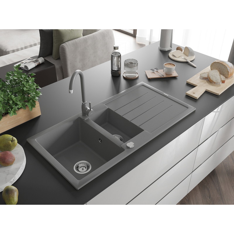 Mexen Andres granite sink with 1.5 bowls with drainer and Telma kitchen faucet, gray - 6515-71-670200-71