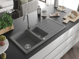Mexen Andres granite sink with 1.5 bowls with drainer and Telma kitchen faucet, gray - 6515-71-670200-71