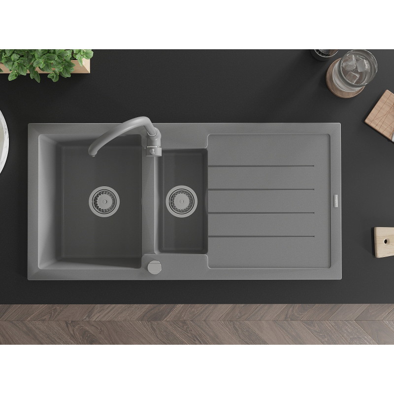 Mexen Andres granite sink with 1.5 bowls with drainer and Telma kitchen faucet, gray - 6515-71-670200-71