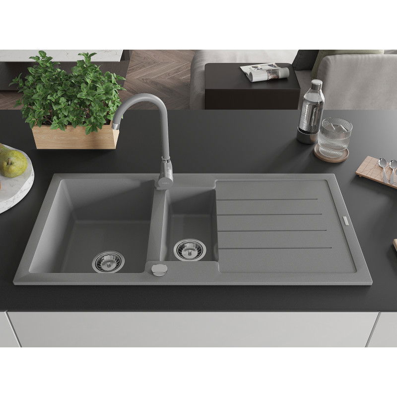 Mexen Andres granite sink 1.5-bowl with drainer and Telma kitchen tap, grey - 6515-71-670200-71