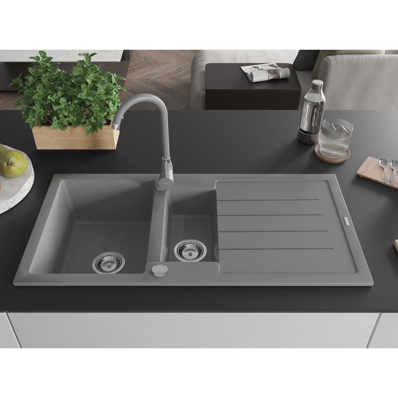 Mexen Andres granite sink with 1.5 bowls with drainer and Telma kitchen faucet, gray - 6515-71-670200-71