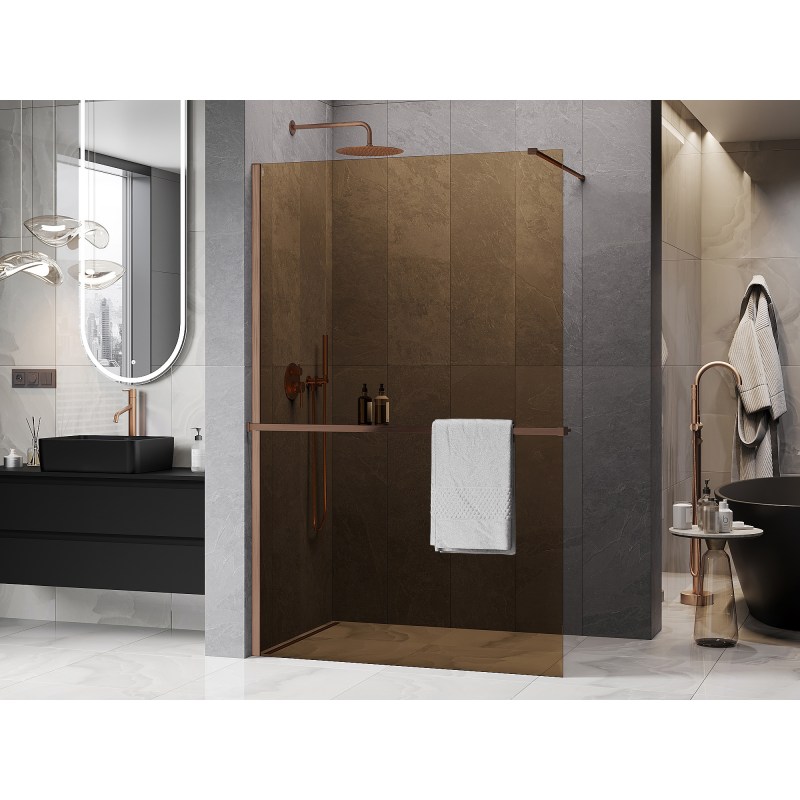 Mexen Kioto+ shower wall with shelf Walk-in 90 x 200 cm, bronze 8 mm, brushed copper - 800-090-121-65-32
