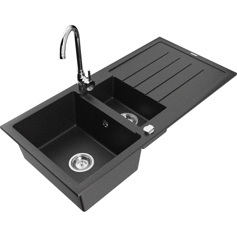 Mexen Andres 1.5-bowl granite sink with drainer and Telma kitchen faucet, black/silver - 6515-73-670200-00