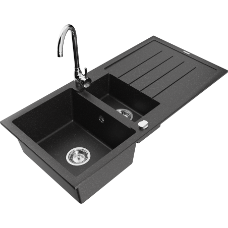 Mexen Andres 1.5-bowl granite sink with drainer and Telma kitchen faucet, black/silver - 6515-73-670200-00