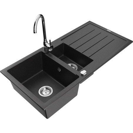 Mexen Andres granite sink 1.5-bowl with drainer and Telma kitchen tap, black/silver - 6515-73-670200-00
