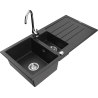 Mexen Andres 1.5-bowl granite sink with drainer and Telma kitchen faucet, black/silver - 6515-73-670200-00