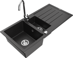 Mexen Andres 1.5-bowl granite sink with drainer and Telma kitchen faucet, black/silver - 6515-73-670200-00
