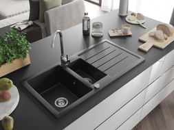 Mexen Andres 1.5-bowl granite sink with drainer and Telma kitchen faucet, black/silver - 6515-73-670200-00