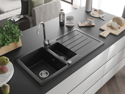 Mexen Andres 1.5-compartment granite sink with a drip tray and kitchen mixer tap Telma, Black/Silver - 6515-73-670200-00