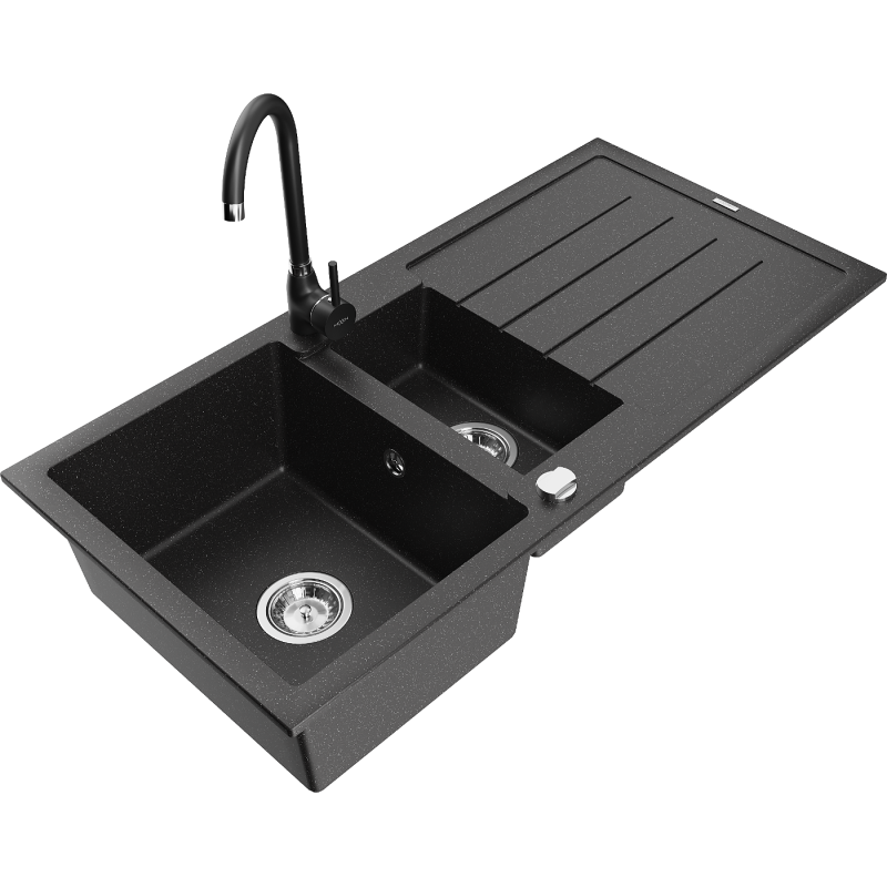 Mexen Andres granite sink 1.5-bowl with drainer and Telma kitchen faucet, black/silver - 6515-73-670200-70
