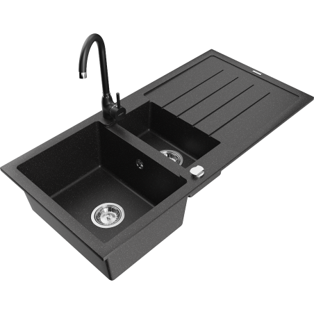 Mexen Andres 1.5-bowl granite sink with drainer and Telma kitchen tap, black/silver - 6515-73-670200-70