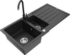 Mexen Andres granite sink 1.5-bowl with drainer and Telma kitchen faucet, black/silver - 6515-73-670200-70