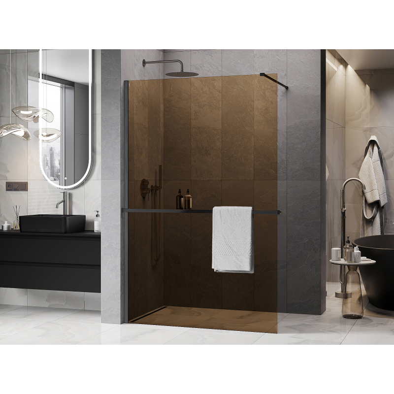 Mexen Kioto+ shower screen with shelf Walk-in 80 x 200 cm, bronze 8 mm, gun gray brushed - 800-080-121-66-32