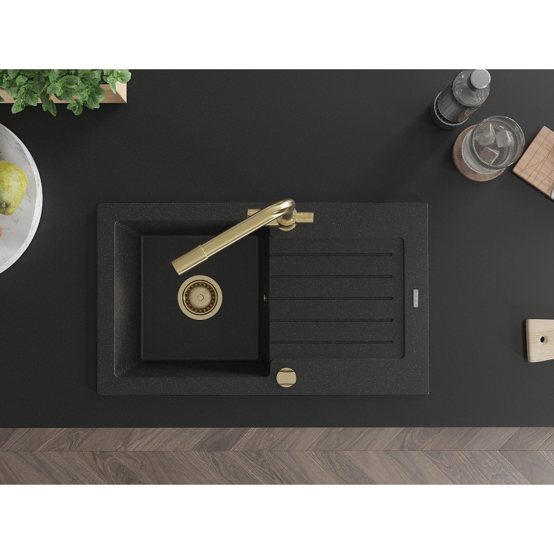 Mexen Pablo Granite Kitchen Sink 1-Bowl with Drainer and Kitchen Faucet Duero, Black/Silver Metallic - 6510-73-671600-50