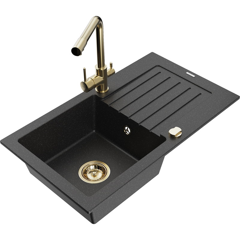 Mexen Pablo Granite Kitchen Sink 1-Bowl with Drainer and Kitchen Faucet Duero, Black/Silver Metallic - 6510-73-671600-50