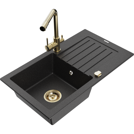 Mexen Pablo granite sink 1-bowl with drainer and Duero kitchen tap, black/silver metallic - 6510-73-671600-50