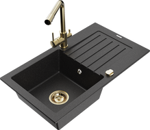 Mexen Pablo granite sink 1-bowl with drainer and Duero kitchen tap, black/silver metallic - 6510-73-671600-50