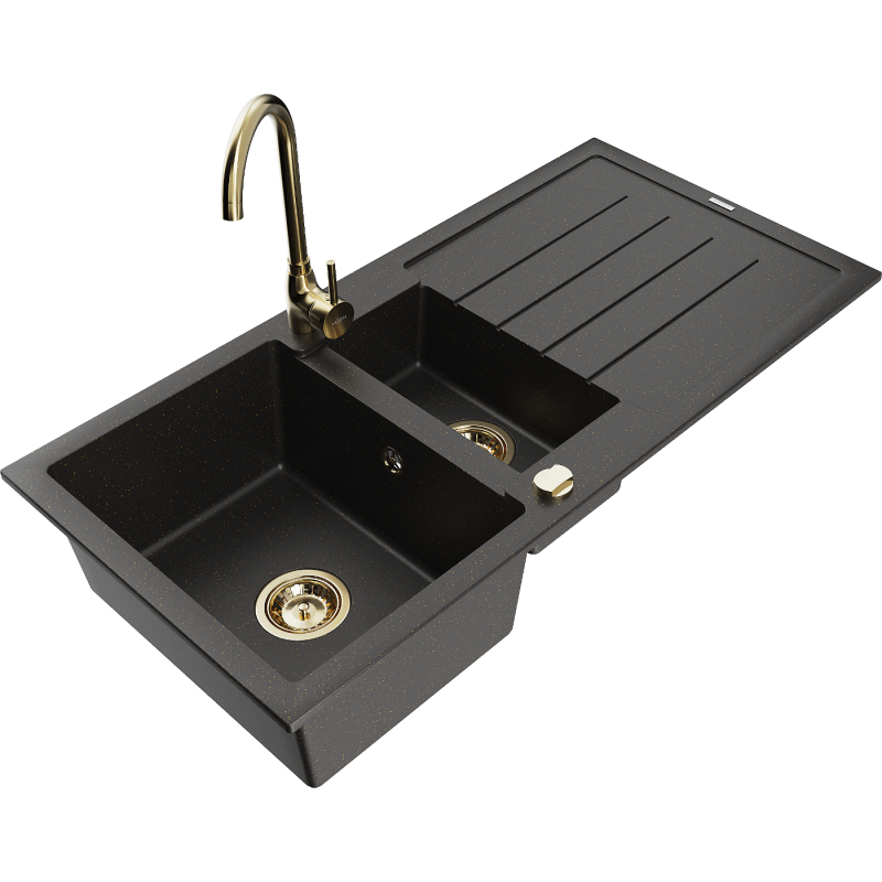 Mexen Andres granite kitchen sink 1.5-bowl with drainer and Telma kitchen tap, black/gold - 6515-75-670200-50
