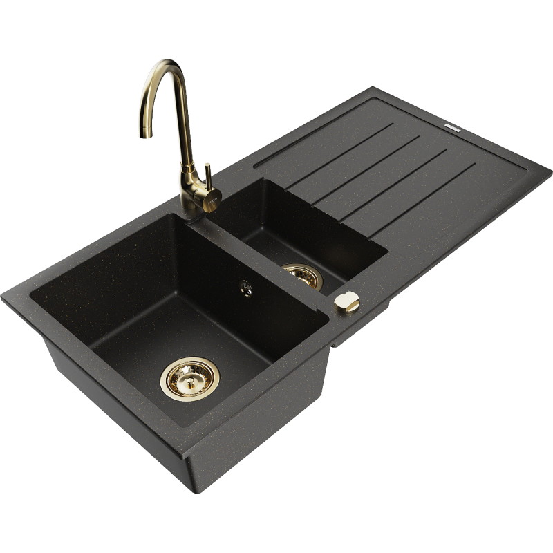 Mexen Andres granite sink 1.5-bowl with drainer and Telma kitchen faucet, black/gold - 6515-75-670200-50