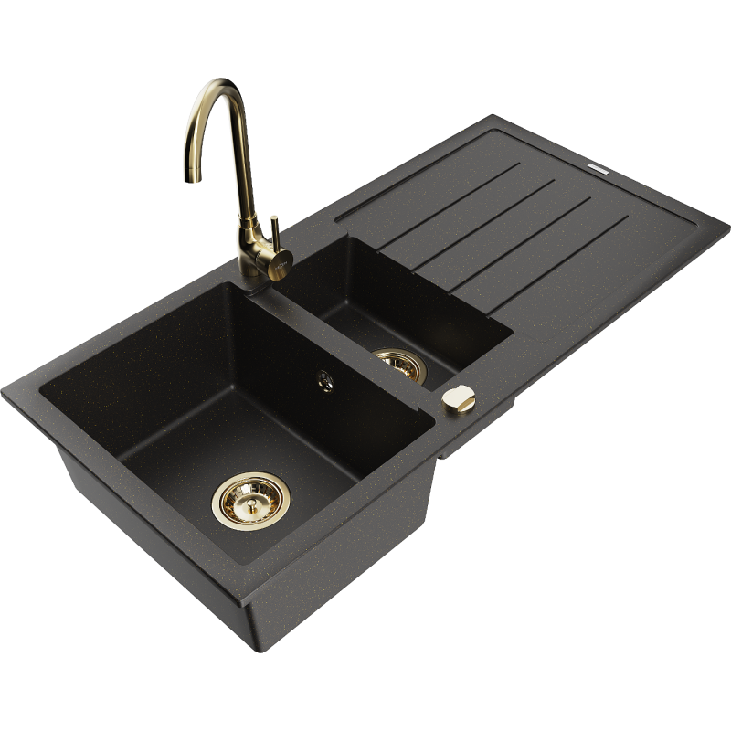 Mexen Andres granite sink 1.5-bowl with drainer and Telma kitchen mixer, black/gold - 6515-75-670200-50