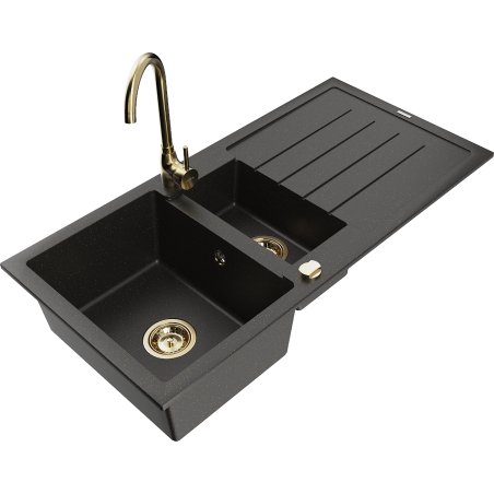 Mexen Andres granite kitchen sink 1.5-bowl with drainer and Telma kitchen tap, black/gold - 6515-75-670200-50