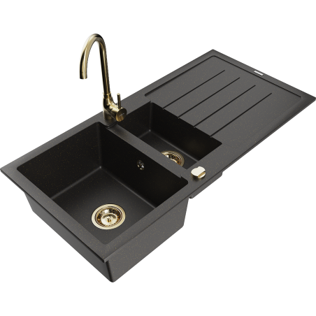 Mexen Andres granite sink 1.5-bowl with drainer and Telma kitchen faucet, black/gold - 6515-75-670200-50