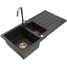 Mexen Andres granite kitchen sink 1.5-bowl with drainer and Telma kitchen tap, black/gold - 6515-75-670200-50