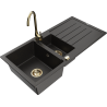 Mexen Andres granite sink 1.5-bowl with drainer and Telma kitchen faucet, black/gold - 6515-75-670200-50